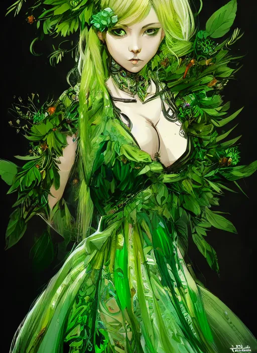 Prompt: Full body portrait of a cute dryad girl with short blond and green hair wearing ornate green dress, vibrant colours. In style of Yoji Shinkawa and Hyung-tae Kim, trending on ArtStation, dark fantasy, great composition, concept art, highly detailed.