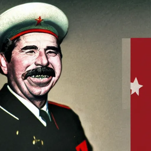 Prompt: hyper realist photograph of staline smiling and biting his lip seductively with the ussr flag behind him, close up, face picture, 4 k, very detailed