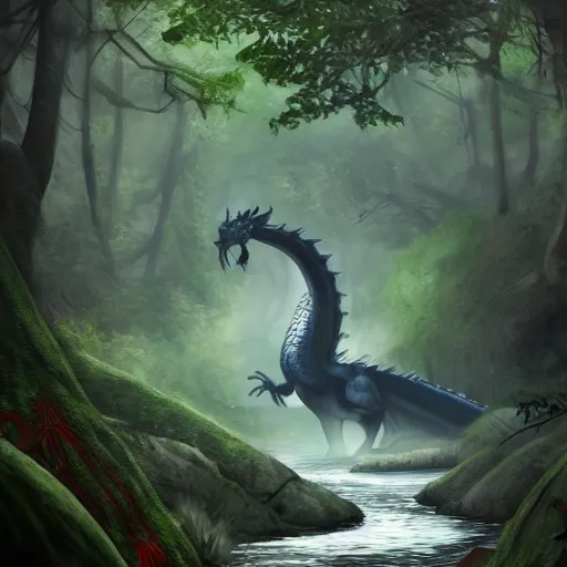 Image similar to a gargantuan dragon idly standing in a forest, peacefully drinking river water, trending on artstation, digital art, 4 k quality