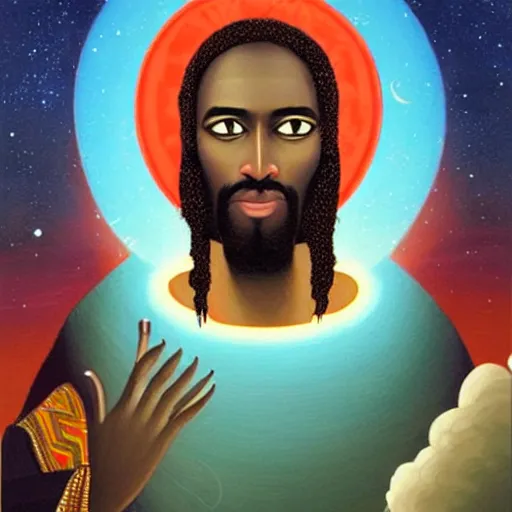 Image similar to an African Jesus under a UFO, painting by Hsiao-Ron Cheng,