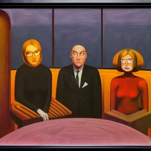 Image similar to three brutalist judges with glowing eyes, inside a dome, pj crook, grant wood, edward hopper, syd mead, chiaroscuro, oil on canvas