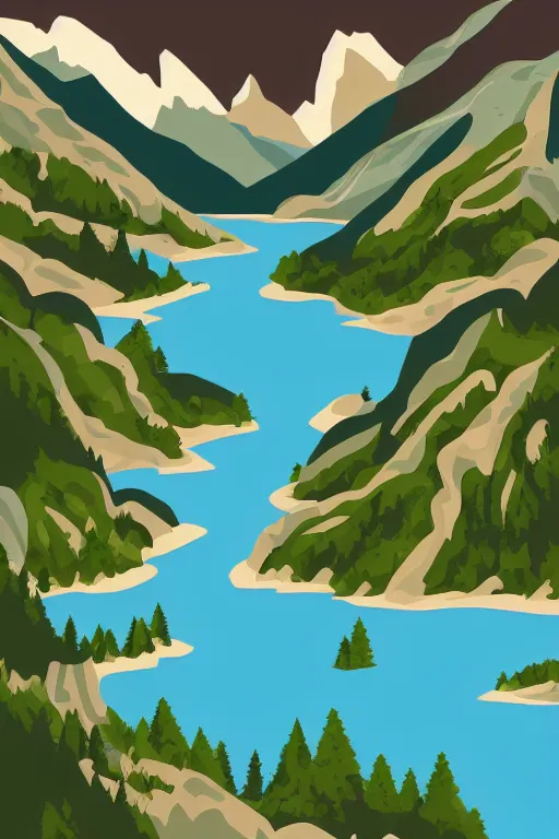 Image similar to mountaintop river flat vector illustration trending on artstation