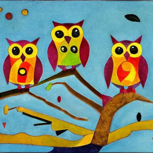 Prompt: owls sitting on tree branches in the style of Kandinsky