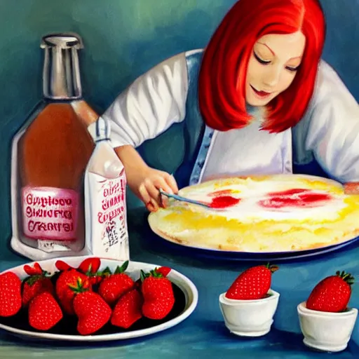 Image similar to painting of redhead boyfriend making strawberry shortcake topped with whipped cream