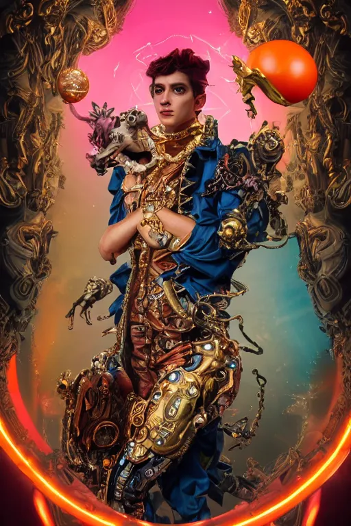 Image similar to full-body rococo and cyberpunk style sculpture of a young handsome Spanish prince half android with a chest exposing a glowing orange gem, glowing pink laser eyes, crown of blue gears and giant diamonds, swirling salmon-colored silk fabric, robotic raptors dinosaurs. baroque elements. full-length view. intricate artwork by caravaggio. Trending on artstation, octane render, cinematic lighting from the right, hyper realism, octane render, 8k, depth of field, 3D