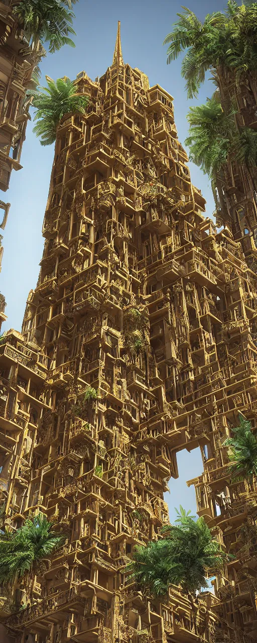 Image similar to photorealistic eye level view of a contemporary babylon tower, golden intricate details, stone facade, sacred ancient architecture, hanging gardens, cascading highrise, arid mountains with lush palm forest, sunlight, post - production, octane, cgi, sfx