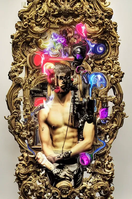 Image similar to full-body bladerunner neon rococo style sculpture of a young handsome Spanish Nick Jonas as a half cibernetic android with a chest opening exposing circuitry and electric sparks, glowing laser beam eyes, crown of giant diamonds, flowing neon-colored silk, fabric, raptors. baroque elements. full-length view. baroque element. intricate artwork by caravaggio. many many birds birds on background. Trending on artstation, octane render, cinematic lighting from the right, hyper realism, octane render, 8k, depth of field, 3D