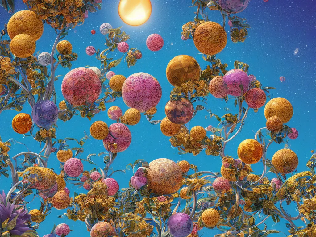 Image similar to 3 d render, sunlight study, the universe is a spheroid region 7 0 5 meters in diameter, art nouveau, by maria sibylla merian and ( ( ( ( ( lisa frank ) ) ) ) ), 8 k, sharp focus, octane render