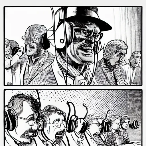 Image similar to drawn in the style of jean giraud!! moebius!! rackham the red wearing headphones and speaking into big microphone, podcast studio