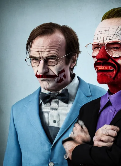 Prompt: portrait of saul goodman and walter white as the joker, absurdist bokeh