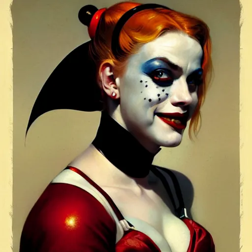 Image similar to Masterpiece Portrait Harley Quinn as a nun, dark fantasy, medium shot, intricate, elegant, highly detailed, digital painting, volumetric light, artstation, concept art, smooth, sharp focus, illustration, art by Gil Elvgren and Greg Rutkowski and Alphonse Mucha