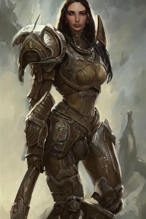 Image similar to a professional painting of an attractive young female clothed in military armor, olive skin, long dark hair, beautiful bone structure, symmetrical facial features, intricate, elegant, digital painting, concept art, smooth, sharp focus, illustration, from StarCraft by Ruan Jia and Mandy Jurgens and Artgerm and William-Adolphe Bouguerea