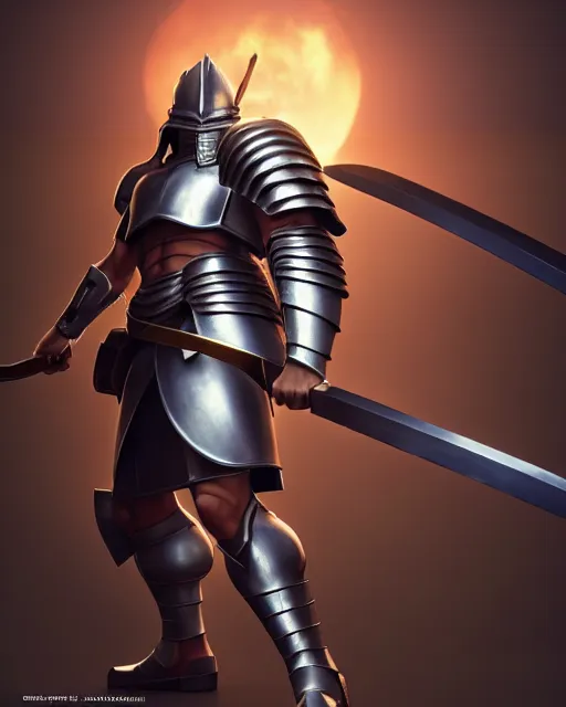 Image similar to strong muscular warrior with a greatsword and fully clad in plate armor, dramatic action pose, square masculine jaw, short messy hair, 3 d octane render, unreal engine 5, ultra high detail, cel shaded, trending on pixiv fanbox, by greg rutkowski makoto shinkai takashi takeuchi studio ghibli, akihiko yoshida