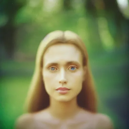 Prompt: portrait of a very pretty woman! symmetric face, petzval lens. featured on flickr, art photography, photo taken with provia, photo taken with ektachrome