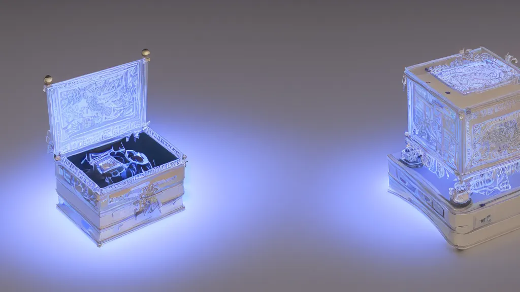 Image similar to a music box, white balance, hyperdimensional, 8 k, rim lighting, led, lumen global illumination, opaque, glowing, rubber, ray tracing reflections