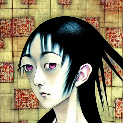 Image similar to yoshitaka amano blurred and dreamy realistic three quarter angle portrait of a woman with white hair and black eyes wearing dress suit with tie, junji ito abstract patterns in the background, satoshi kon anime, noisy film grain effect, highly detailed, renaissance oil painting, weird portrait angle, blurred lost edges