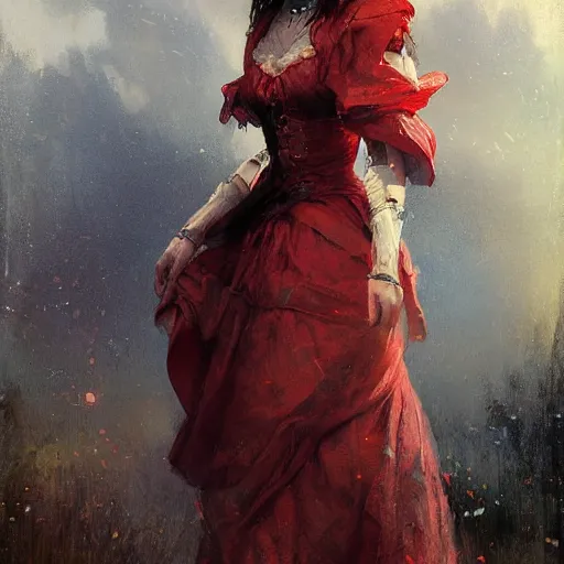 Prompt: Solomon Joseph Solomon and Richard Schmid and Jeremy Lipking victorian genre painting portrait painting of a young beautiful woman marverl DC comic book character fantasy costume, red background