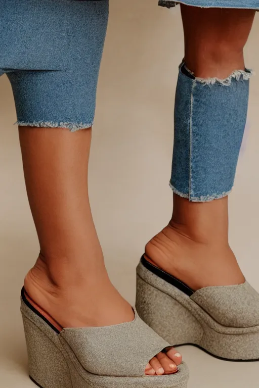 Prompt: close up of huge chunky platform mules worn by a slightly oversized girl, studio light