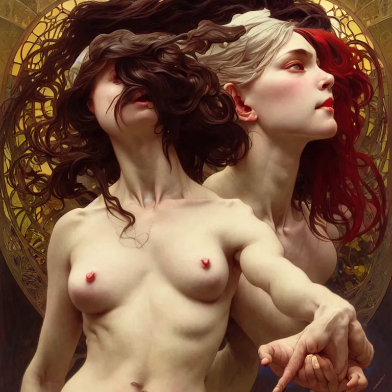 Prompt: gentle demon, painting, good against evil, highly detailed, digital painting, smooth, beautiful angle, weak demon, sharp focus, illusion, ultra - realistic, demon against angle, heaven against hell, 8 k, strong and powerful confident angle artgerm, greg rutkowski and alphonse mucha