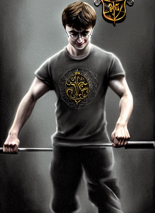 Prompt: a highly detailed full body portrait of Daniel Radcliffe as Harry Potter doing barbell back squats, wearing a muscle tee shirt, intricate detail, digital painting, old english, raining, sepia, particles floating, gym background by marc simonetti, artwork by ross tran + ramond swanland + liam wong, concept art, smooth, sharp focus, illustration, cinematic lighting