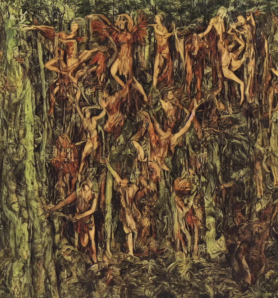 Prompt: a picture of 4 warrior angels lost in a forest painted by akseli gallen and ernst fuchs