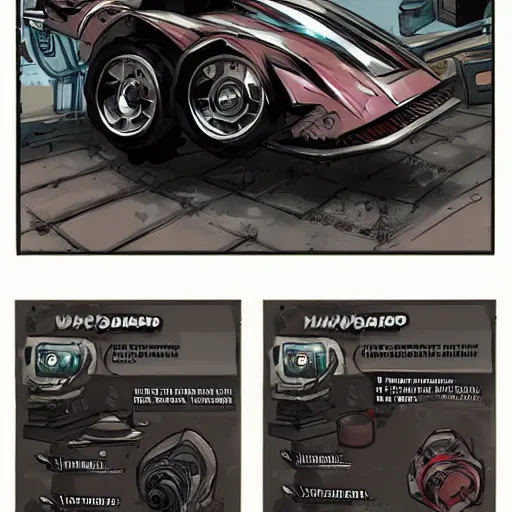 Image similar to car engine car parts concept art card, comic page, dishonored style, ui card