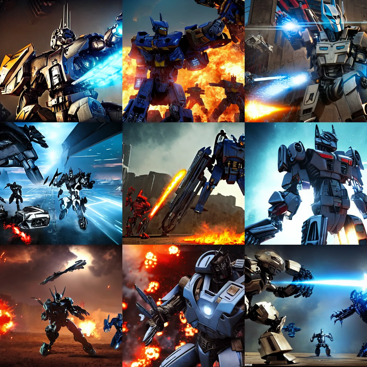 Prompt: action packed scene of transformers fighting aliens, comic book style, 8 k, dark knight lighting, unreal engine