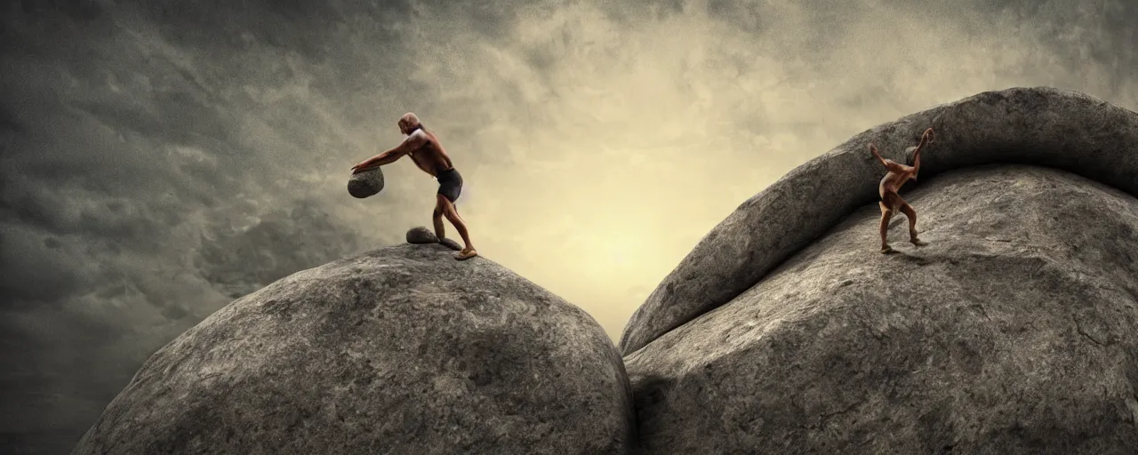 Image similar to Sisyphus pushing a large stone up a mountain, the stone is round, the stone is rolling up, sisyphus looks tired, the mountain is steep, melancholic mood, photo realistic, 8k, HDR, ultra detailed, trending on artstation