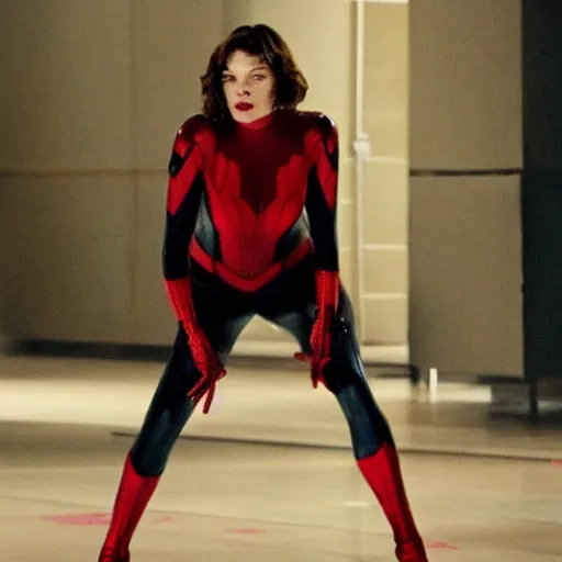 Image similar to Mila Jovovich as spiderwoman , film still, best scene,focus on character