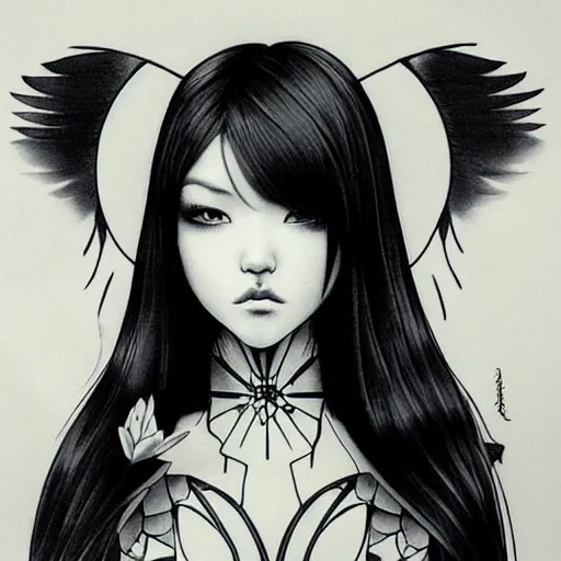 Image similar to tattoo design, stencil, beautiful young female, long dark hair, symmetrical facial features, Japanese, partially clothed in robe, by William-Adolphe Bouguerea and artgerm