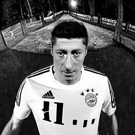 Prompt: robert lewandowski caught on trail cam at night, fisheye!!!