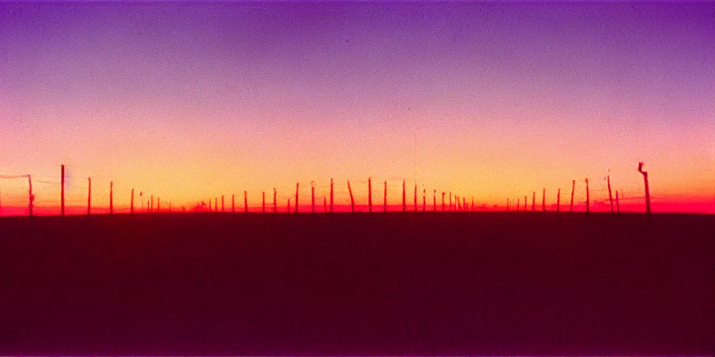 Image similar to an infinitely long greyhound bus never ending, sunset, eerie vibe, leica, 2 4 mm lens, cinematic screenshot from the 2 0 0 1 surrealist film directed by charlie kaufman, kodak color film stock, f / 2 2, 2 4 mm wide angle anamorphic