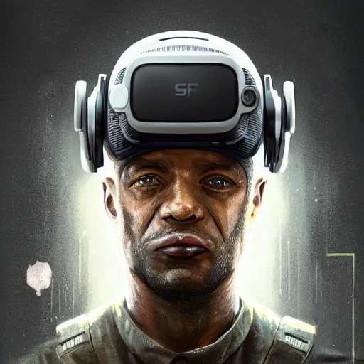 Prompt: Portrait of a man by Greg Rutkowski, symmetrical face, a marine with a helmet, using a VR Headset, Kubric Stare, crooked smile, he's wearing a modern tacitcal gear, highly detailed portrait, scifi, digital painting, artstation, book cover, cyberpunk, concept art, smooth, sharp foccus ilustration, Artstation HQ