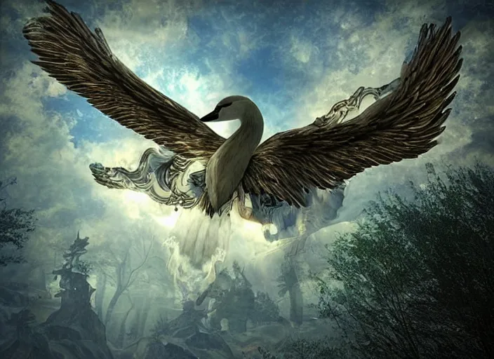 Prompt: a 3 d scene of an angelic apache fighter jet with swan wings with ornate rococo patterns flying over an enchanted forest, solarpunk, fantasy art