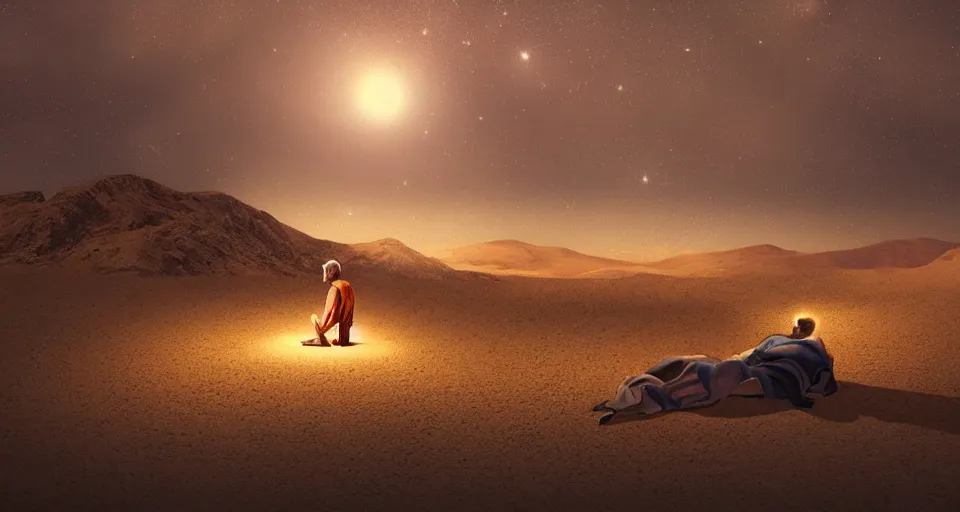 Image similar to a man resting in the desert at night, artstation