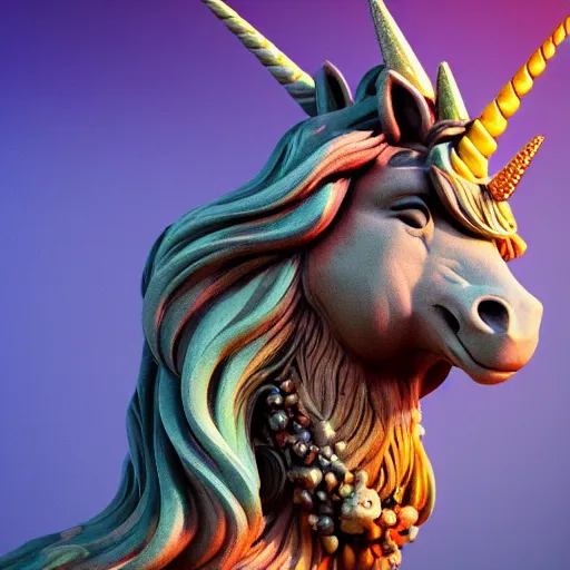 Image similar to a statue of a ramping unicorn sourrounded by a colorful smoke, victorian baroque, hyperrealistic, detailed, depth of field, High definition, 8k, depth of field, octane render, artstation