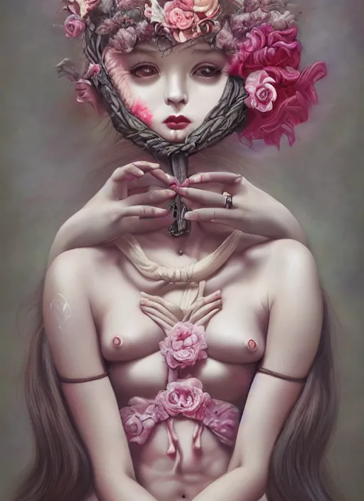 Image similar to pop surrealism, lowbrow art, realistic seductive cute woman painting, pink body harness, long hair, japanese shibari with flowers, hyper realism, muted colours, rococo, natalie shau, loreta lux, tom bagshaw, mark ryden, trevor brown style,