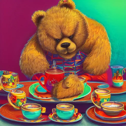Prompt: Teddy Bear Tea Party By Casey Weldon and Martine Johana, rich colors, vivid colors, intricate, elegant, highly detailed, centered, digital painting, artstation, concept art, smooth, sharp focus, HDR, illustration