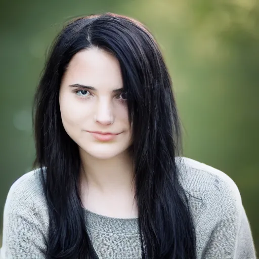 Image similar to young woman with shoulder - length messy black hair, slightly smiling, 1 3 5 mm nikon portrait