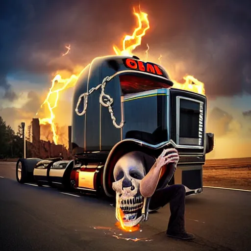 Prompt: photo of : the grim - reaper is a tough boomer trucker doing a badass pose with chains and revolvers in front of his flaming semi - truck during a lightning - storm. he is sticking up his skeletal middle - finger.