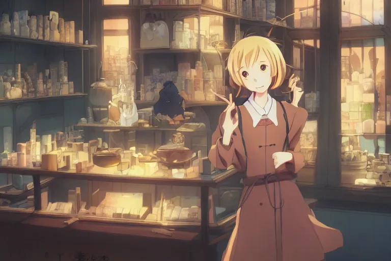 Image similar to anime visual, portrait of a young female traveler in a alchemist's shop interior, cute face by yoh yoshinari, katsura masakazu, studio lighting, dynamic pose, dynamic perspective, strong silhouette, anime cels, ilya kuvshinov, cel shaded, crisp and sharp, rounded eyes, moody, ( ( cool colors ) )