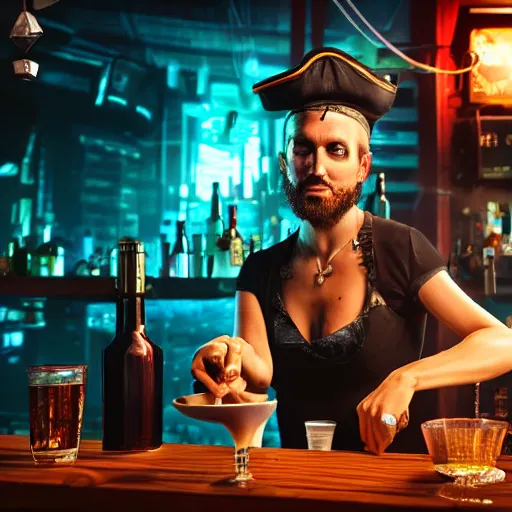 Image similar to high quality portrait of a pirate bartender in a cyberpunk cyberpunk cyberpunk cafe, realism, 8k, award winning photo