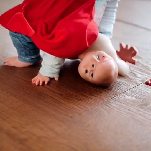 Prompt: toddler with red dress and brown hair playing with marbles on a wooden floor