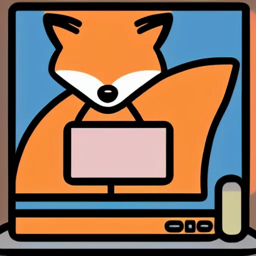 Prompt: icon of a cute fox sitting in front of laptop, cartoon, disney style, vivid colors, orange glow