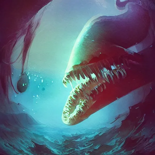 Prompt: a deep sea creature swimming in a deep sea rift, realistic, digital art, illustration, vibrant watercolor, cold lighting, wenjun lin, reflections, refractions, film grain