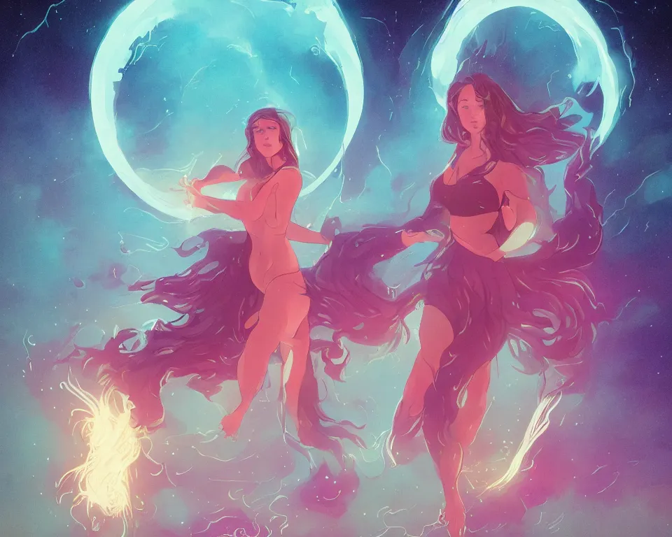 Image similar to beautiful determined goddess standing in a lake basking in the moonlight, conjuring a demon, underneath a multi-colored binary blackhole with an accretion disc, glowing trails following her arms, wearing professional makeup, synthwave, by Lois van Baarle, by Greg Rutkowski, by artgerm, by beeple, by studio ghibli, cinematic angle, volumetric lighting, 4k resolution, octane render, trending on artstation, masterpiece