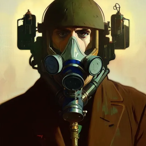 Prompt: portrait of a vicotrian man in suit wearing a gas mask by darek zabrocki, alphonse mucha, simon stalenhag and cinematic and atmospheric, concept art, artstation, trending on artstation