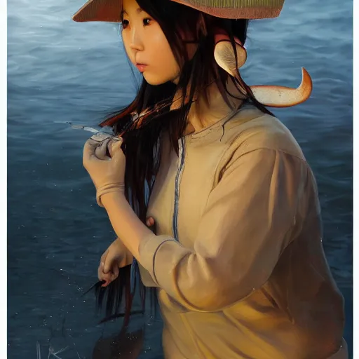 Prompt: oil painting by ilya kuvshinov, ross draws, artgerm, akira toriyama, eiichiro oda, of a youthful japanese girl, long hair, fishing and wearing fisherman's outfit, fisherman's hat, highly detailed, breathtaking face, studio photography, noon, intense bounced light, water reflection, large tree casting shadow, serine intense sunlight