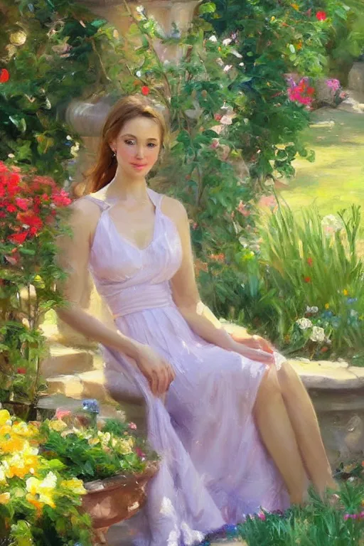 Prompt: portrait of a beautiful woman by the fountain in the garden, morning, highly detailed, ultrarealistic oil painting, vladimir volegov, artstation