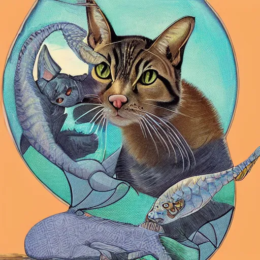 Image similar to hybrid cat and sturgeon, unusual animal, quality art in color